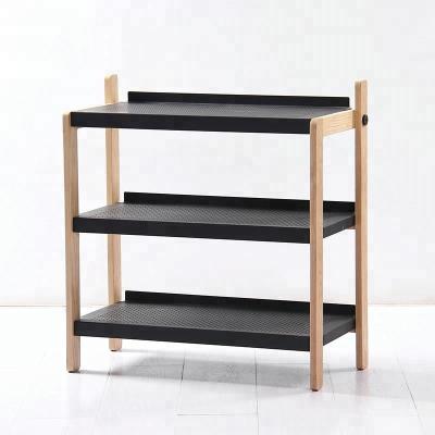 China High Quality Modern 3 Tier Convertible Living Room Furniture Black Metal Shoe Rack 2 Tier With Ash Wood Frame For Home for sale