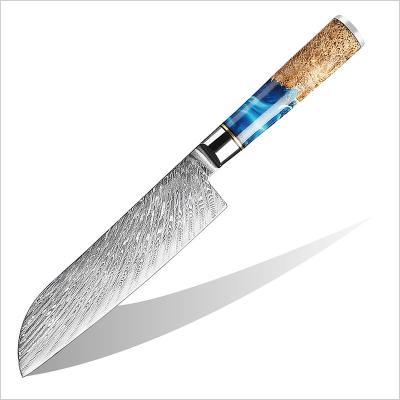 China Viable Damascus Santoku Knife 7 inch, made of VG10 Damascus high carbon steel kitchen knife with ergonomic resin wood handle for sale