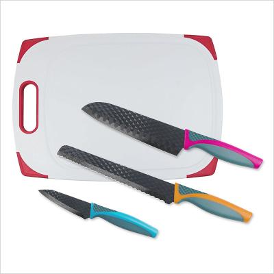 China Viable 7inch Santoku Knife Kitchen Knife Set With Cutting Board 4pcs Color Handle Knife Set for sale