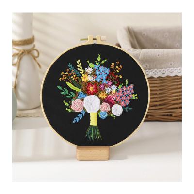 China Wholesale Custom Initiator Europe DIY Embroidery Floral Pattern Stamped Fabric Kit For Adults Beginners Cross Stitch Kits With Hoop for sale