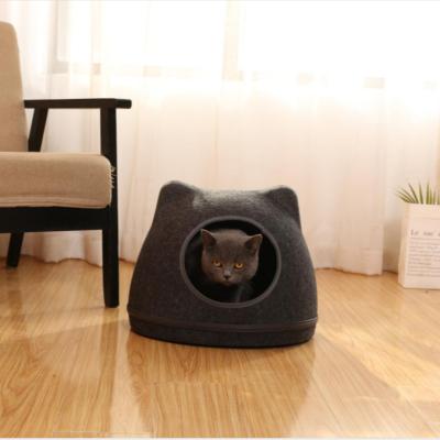 China Pawise Viable Cat Shape Plush Handmade Wool Luxury Felt Cat Cave Igloo Bed For Cats Dogs for sale