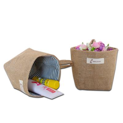 China Garden Storage Bag Small Jute Cloth Storage Bucket Tabletop Flowerpot Pocket Jute Bag Storage Hanging Basket for sale