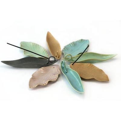 China Custom Europe OEM Color Leaf Shape Ceramic Incense Stick Holder Burner Bulk Home Use for sale