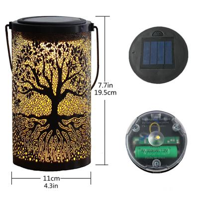 China Outdoor Solar Garden Lantern Garden Lights Tree Shape Solar Powered Shade Iron Metal Tree Hanging Portable Walkway Light Hollow Metal for sale