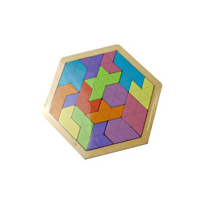 China C01806 Educational creative wooden tangram wooden toy for kids adult wooden riddle hexagon jigsaw puzzle games 16 pieces for sale