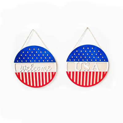 China Home Decoration Wooden Home USA Log Pendant 4th of July Independence Day Ornament 2022 Wooden 4th of July Wooden Door Hangers for sale