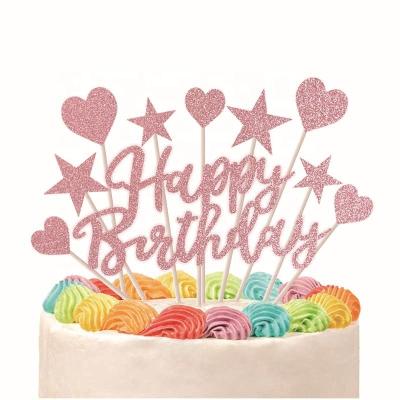 China Happy Birthday Cake Decoration Amazon Blast Happy Birthday Cake Toppers Glod Glitter Love Letters and Stars Glitter Cake Paper Topper for sale