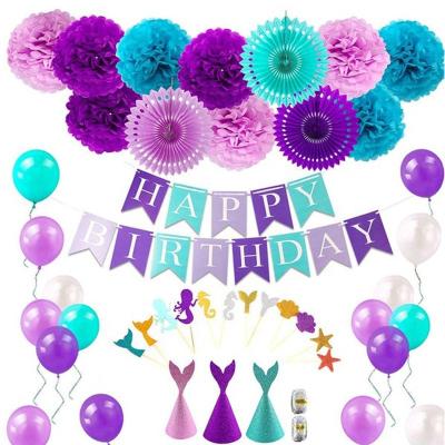 China Mermaid Party Decoration Happy Birthday Banner Happy Birthday Banner Mermaid Theme Cake Topper Party Decorations Supplies Set for sale