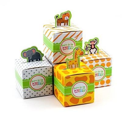 China Baby Shower Party 12 pcs Born To Be Wild Adorable Jungle Safari Zoo Animals Theme Baby Shower Favor Candy Treat Box for sale