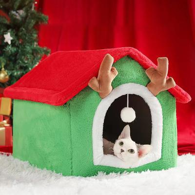 China Christmas 2022 Breathable Gifts For Pet , Winter Christmas Dog Cat House Warm Closed Bed for sale