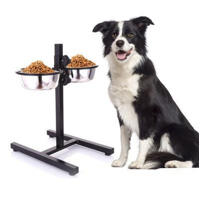 China Sustainable feeding stainless steel bowl double set height adjustable dog bar with bowl rack and 2 removable dog bowls for sale