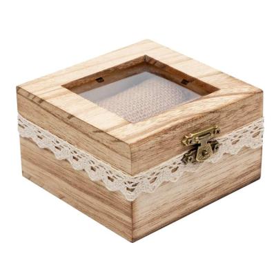 China Square Handmade Rustic Natural Brown Burnt Solid Wood Wedding Jewelry Ring Box for sale