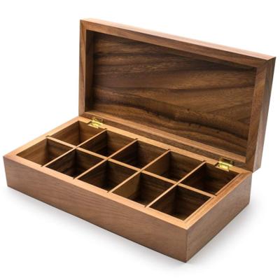 China Rectangle 10 Compartments Disposable Natural Adjustable Brown Acacia Premium Vintage Wooden Tea Box for sale