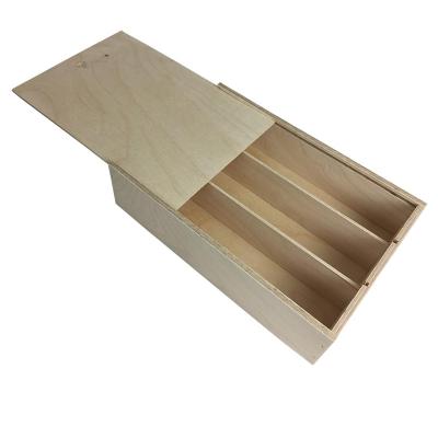 China Handmade Unfinished Wood Sliding Lid Wooden Wine Bottle Box For 3 Bottles for sale