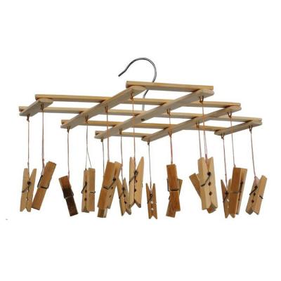 China Custom Clip Laundry Hanger Solid Bamboo Wood Clothes Drying Rack With Clips For Quick Hand Washing for sale