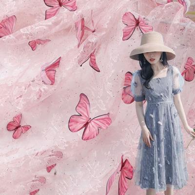 China Viable Exquisite Girls Dresses Sparkle Pink Butterfly 3D Tulle Lace Fabric for sale