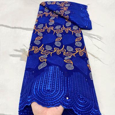 China Sustainable Royal Blue Cotton African Nigeria Embroidery Lace Fabric With Stones for sale