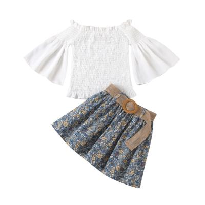 China European Preppy Style Kids Solid Color Sleeve Sweater Little Girls Flared Top Floral Print Trims With Belt for sale