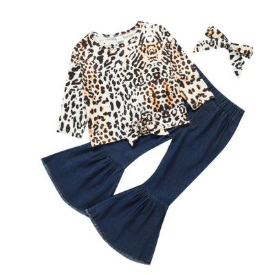 China 2021 Preppy Style Leopard Print Bell Bottom Denim Pants2Pcs Long Sleeve Top Baby Girl Clothes Set for sale