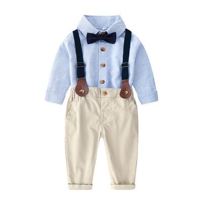 China Korean Fashion New Version of Autumn Handsome Boy Long Sleeved Striped Pantsuit Western Children's Suspenders Shirt Style Wear for sale