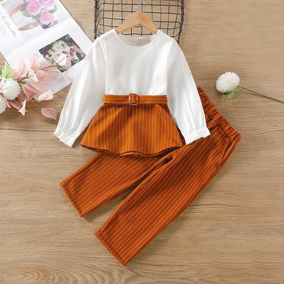 China New Fashion 2021 Fashion Autumn Girl Dress Suit Skirt Top+ Stripe Pants Kids Girls Two Piece Set for sale