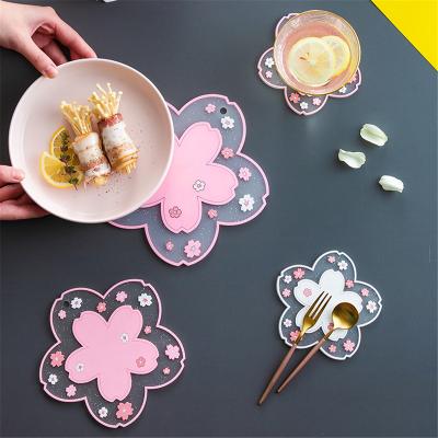 China Heat Resistance Sakura Flower Kitchen Pot Bowl Viable Hanging Non-Slip Cute Pad Drinks Beer Coffee Milk Tea Coaster PVC Place Mat for sale