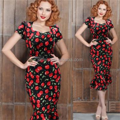 China Real Pictures Anti-Static Women Work Dress Cherry Printing Women Dress Squared Mermaid Collar Office Dress H024 for sale