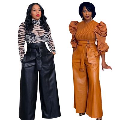 China Anti-Wrinkle Classic Loose Fashion High Waist Solid Pants With Sashes Vintage Wide Leg PU Leather Trousers Women Trousers for sale