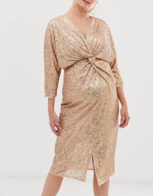 China New Fashion Breathable St1400 Sleeve Casual Midi 3/4 Sleeve Bow Knot In Gold Sequin Maternity Dress for sale