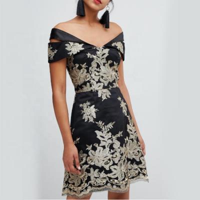 China Breathable Elegant Floral Embroidery Women Clothing Club Party Modest Midi Dress ST1096 for sale