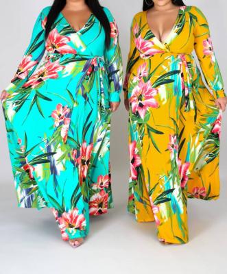 China OEM Anti-Static Multicolor Beach Floral Style Plus Size V Neck Extended Maxi Dress Long Sleeve Dress for sale