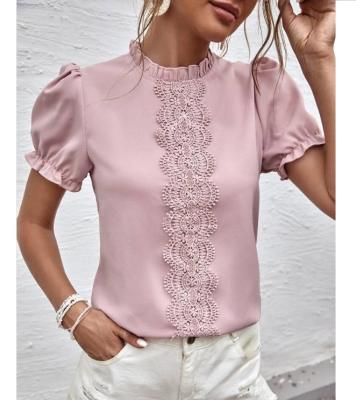 China Breathable Contrast Lace Up Satin Tops Ruffle Sleeves Soft Stretch Regular Fit Collar Ruffled Blouse STW071701JK for sale