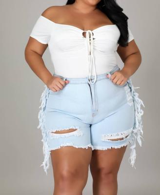 China Sustainable womens light blue dyed jeans stretch shorts fringed ruffles jeans slim fit jeans for ladies for sale