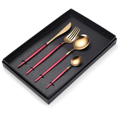 China Viable Gift Box 4pcs 24pcs Portuguese Knives Forks Spoon Set Tea Spoons Flatware Rainbow Black Wedding Cutlery Silver Gold for sale