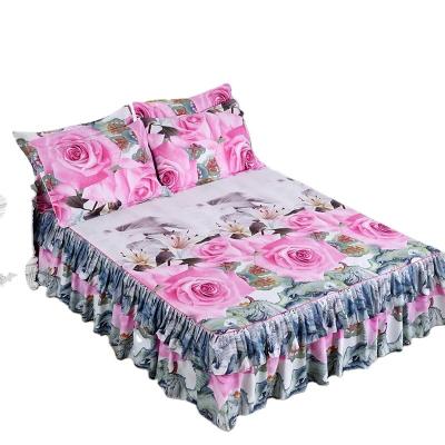 China 3pcs Home Set Floral Printed Thicken Bedspread King Queen Size Double Layer Bed Skirt Soft Sanding Bedspread With 2pcs Pillowcase for sale