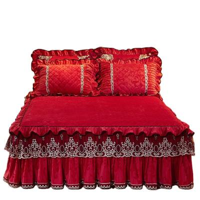 China Solid Color Home Velvet Embossing Bedspread Thicken Plush Quilted Cover King Size Bed Protector Bed Skirt for sale