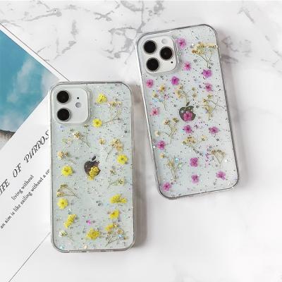 China Fashionable Shockproof Epoxy Resin Pressed Floral Tpu Mobile Phone Case Clear Soft Back Cover Case For iphone 12 11 pro 7 8 xs xs for sale