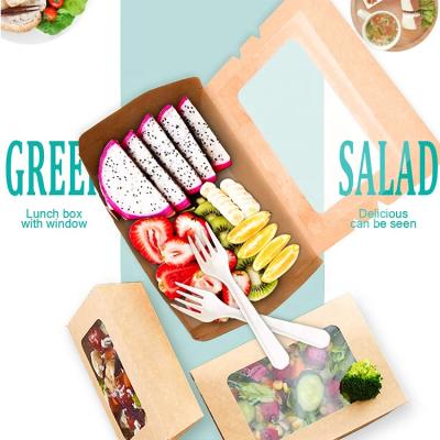 China Wholesale Cheap Disposable Lunch Soup Salad Packing Takeout Box Wrapping Paper Bento Fruit Food Takeaway Box With Pet Window for sale