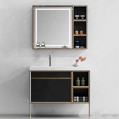 China Modern rectangular marble counter cabinet stainless steel ceramic bathroom basin LED mirror cabinet sus304 for sale