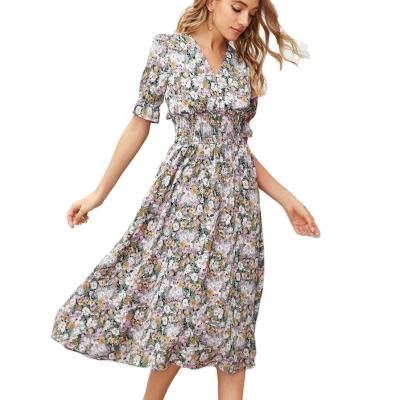 China New fashion sale high quality breathable like hot cakes floral v-neck gather big size elegant temperament pendulum women's dress for sale