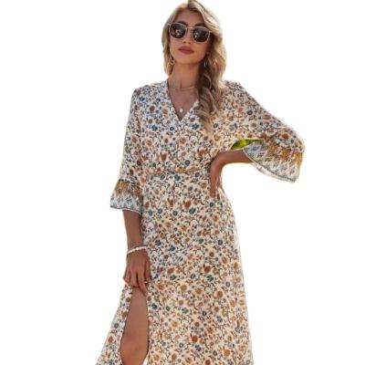 China High Quality Anti-static New High Waist Leisure Open Fork Bohemia Women Flowers Open Dress for sale