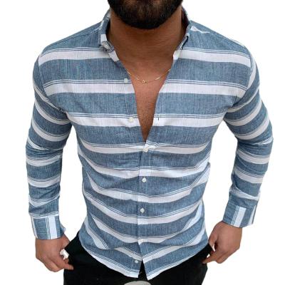 China Anti-pilling men's lapel buttons stripe leisure long-sleeved shirt sale like hot cakes for sale