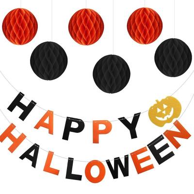 China Small Pumpkin Disposable Triangle Halloween Banner Banner With Lantern Paper Flower Balloon Party Decoration Set for sale