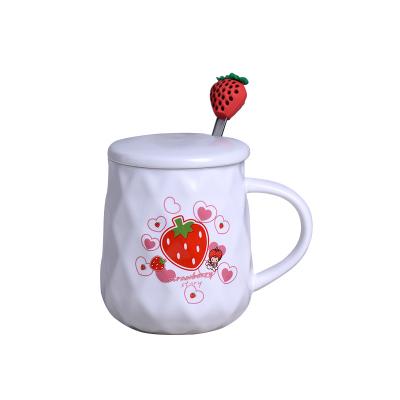 China Cute Creative Minimalist Mirror Ceramic Cup Cartoon Strawberry Water Cup Girl Heart Student With LID Office Mug for sale