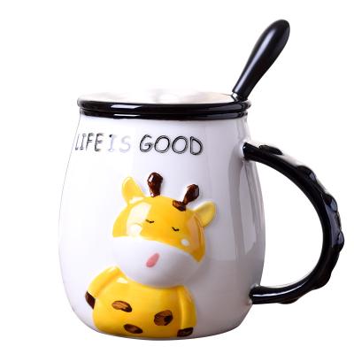 China Relief Viable Cute Hand Painted Deer Cartoon Ceramic Mug With Spoon Water Cup Coffee Mug Cartoon Gift Cute Office Mug Breakfast for sale