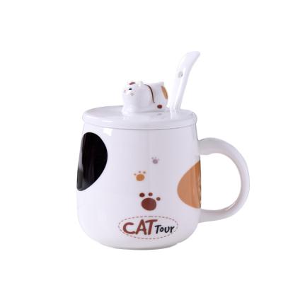 China Cartoon Disposable Japanese Cute Cat Mug Household Ceramic Spoon With Cover Office Couples Drinking Water Coffee Cup Ceramic Mug for sale