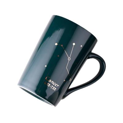 China 12 Constellation Gold Design Disposable Simple Nordic Dark Green Ceramic Cups With Cover Spoon Lovers Water Cup Custom Ceramic Coffee Cup for sale