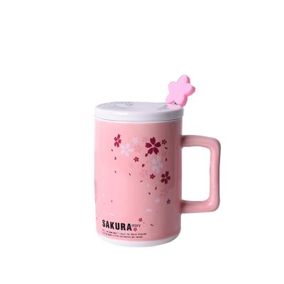 China Disposable Ceramic Water Cup Small Cool Cherry Spoon With Cover Large Capacity Mug Custom Logo Advertising Gift Coffee Mug for sale