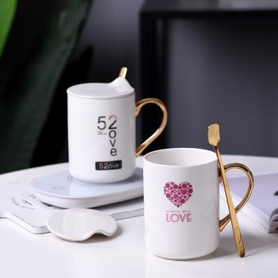 China Custom Ceramic Mugs Valentine's Day 520 Viable Ceramic Gift Milk Mug Heater Lid Spoon Heated Thermos for sale