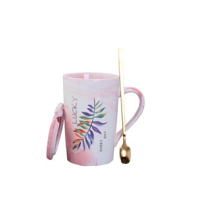 China Disposable Nordic Single Marble Leaf Real Gold Ceramic Mug With Lid Spoon Couple Cup Customizable Logo for sale